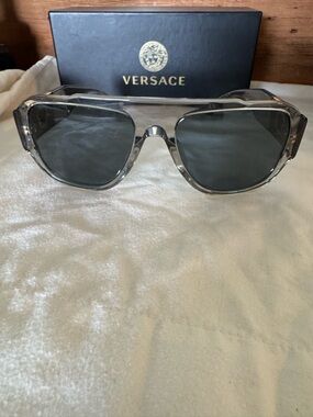 Versace Transparent Frame Sunglasses with Dark Gray Lenses
